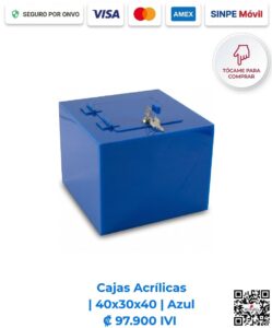 Cajas acrílicas 40x30x40 cm rectangulares azules. Desarrolladas para ofrecer gran capacidad, resistencia y alta visibilidad en eventos y dinamizaciones comerciales. Elaboradas en acrílico de 4 mm con bisagras, puerta y llavín. Compra en línea, pago seguro Romarsa.