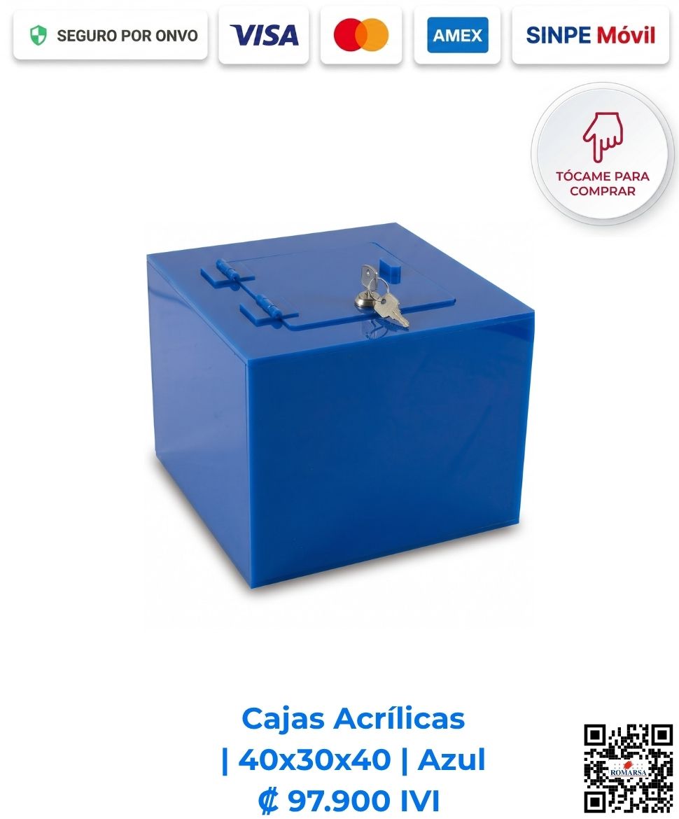romarsa-cajas-acrilicas-40x30x40-azul-costa-rica-e-commerce Cajas acrílicas 40x30x40 cm rectangulares azules. Desarrolladas para ofrecer gran capacidad, resistencia y alta visibilidad en eventos y dinamizaciones comerciales. Elaboradas en acrílico de 4 mm con bisagras, puerta y llavín. Compra en línea, pago seguro Romarsa.