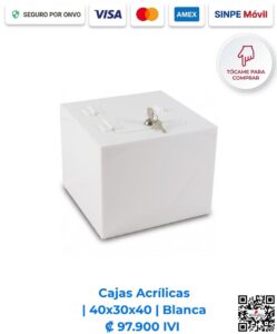 Cajas acrílicas 40x30x40 cm rectangulares blancas. Desarrolladas para ofrecer gran capacidad, resistencia y alta visibilidad en eventos y dinamizaciones comerciales. Elaboradas en acrílico de 4 mm con bisagras, puerta y llavín. Compra en línea, pago seguro Romarsa.