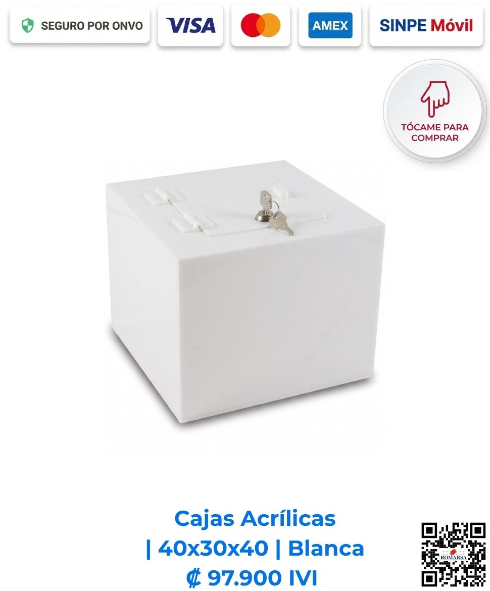 romarsa-cajas-acrilicas-40x30x40-blanca-costa-rica-e-commerce Cajas acrílicas 40x30x40 cm rectangulares blancas. Desarrolladas para ofrecer gran capacidad, resistencia y alta visibilidad en eventos y dinamizaciones comerciales. Elaboradas en acrílico de 4 mm con bisagras, puerta y llavín. Compra en línea, pago seguro Romarsa.