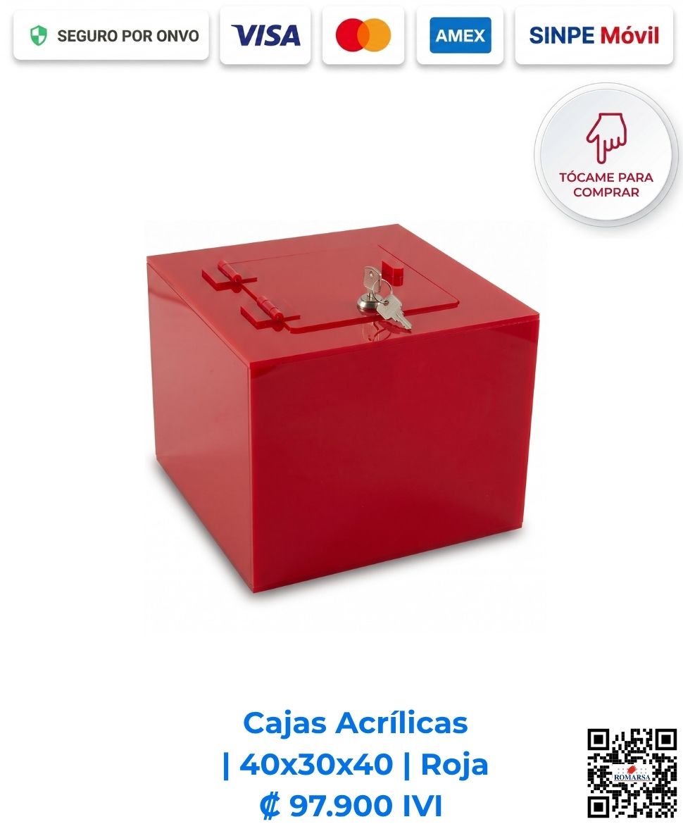 romarsa-cajas-acrilicas-40x30x40-roja-costa-rica-e-commerce Cajas acrílicas 40x30x40 cm rectangulares rojas. Desarrolladas para ofrecer gran capacidad, resistencia y alta visibilidad en eventos y dinamizaciones comerciales. Elaboradas en acrílico de 4 mm con bisagras, puerta y llavín. Compra en línea, pago seguro Romarsa.