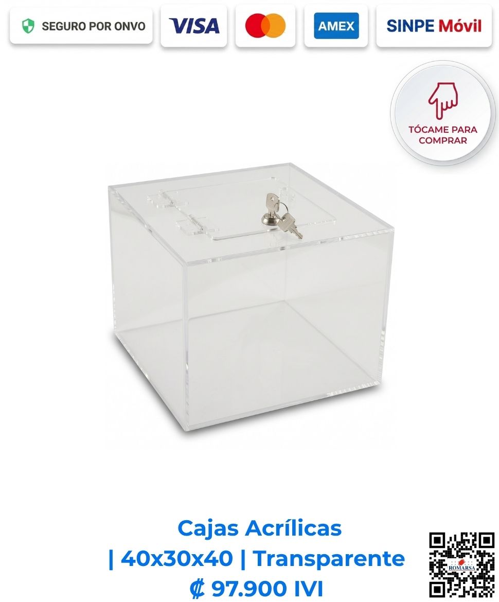 romarsa-cajas-acrilicas-40x30x40-transparente-costa-rica-e-commerce Cajas acrílicas 40x30x40 cm rectangulares transparentes. Desarrolladas para ofrecer gran capacidad, resistencia y alta visibilidad en eventos y dinamizaciones comerciales. Elaboradas en acrílico de 4 mm con bisagras, puerta y llavín. Compra en línea, pago seguro Romarsa.