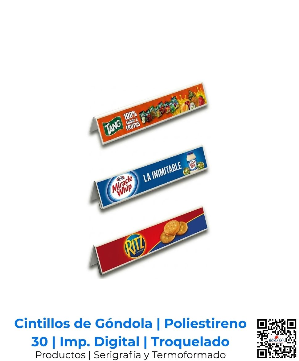 Cintillos de góndola personalizados en Poliestireno calibre 30 con impresión digital directa, troquelado y doblez de precisión; soluciones de exhibición a la medida por Romarsa para Costa Rica y Centroamérica.