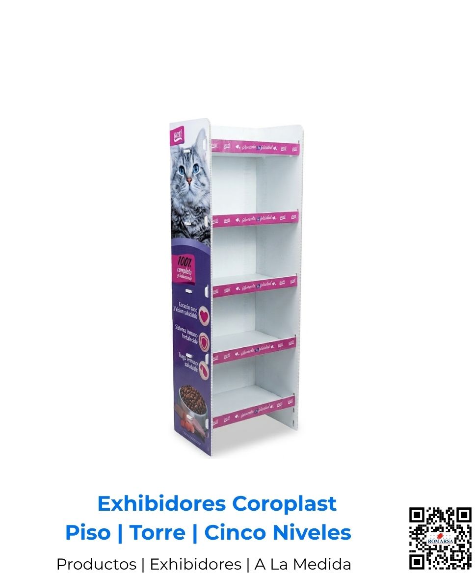 Exhibidor de piso premium con gráficas full color en coroplast reforzado de 6 mm. Estructura de alta calidad fabricada por Romarsa para Costa Rica y Centroamérica. Incluye envío.