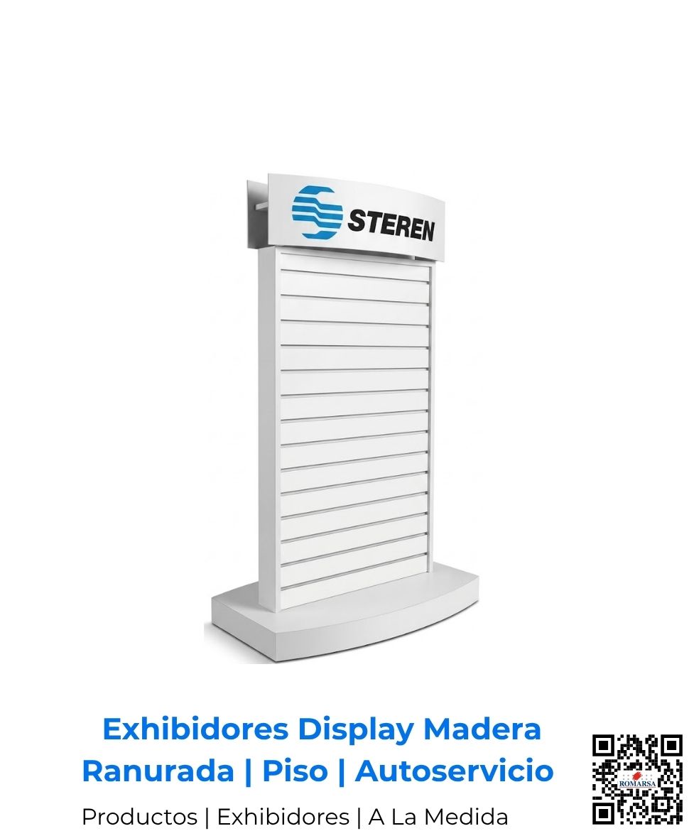 Elegante exhibidor de panel ranurado en MDF blanco con copete superior en PVC para destacar marcas. Fabricación con acabados finos por Romarsa, disponible para Costa Rica y Centroamérica con envío incluido.