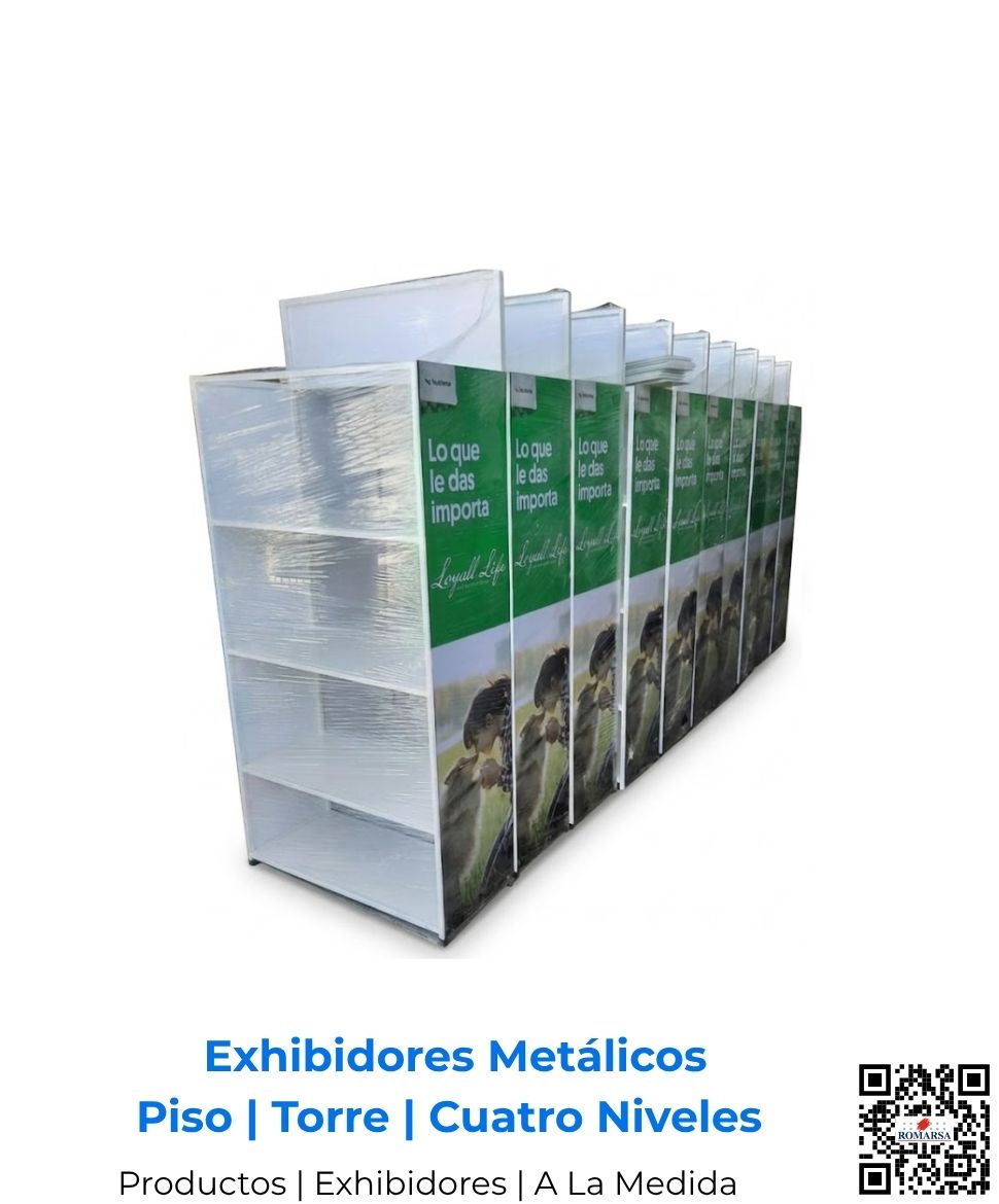 Exhibidor premium de tubo cuadrado con gráficas en poliestireno full color y acabados finos, fabricado a la medida por Romarsa para Costa Rica y Centroamérica. Incluye envío.
