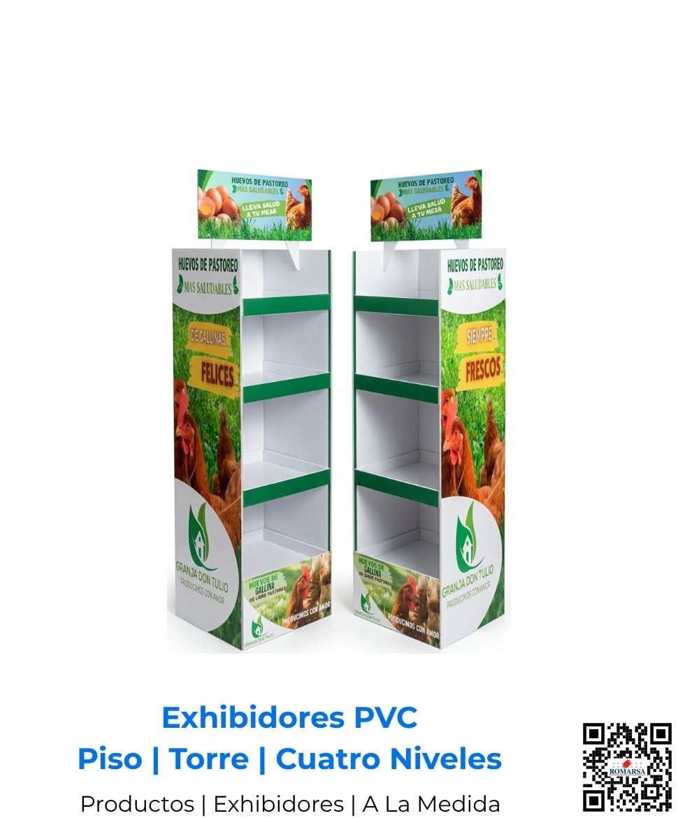 Versátil exhibidor de piso de cuatro niveles, fabricado en PVC con acabados finos. Una solución premium de Romarsa para todo el mercado de Costa Rica y Centroamérica.