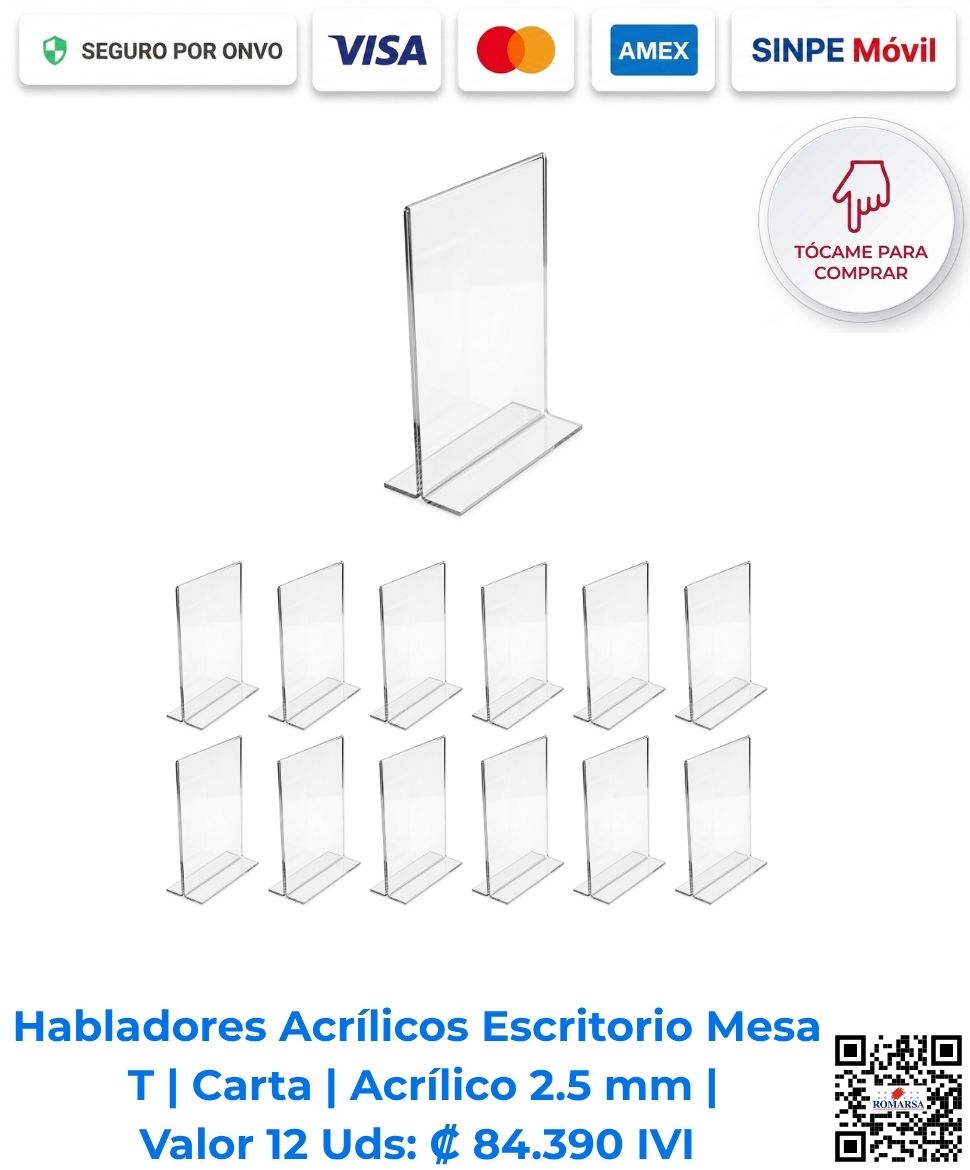 Habladores acrílicos portamenús tipo T carta en paquete de 12 unidades | Compra en línea con pago seguro | Romarsa, San José, Costa Rica.