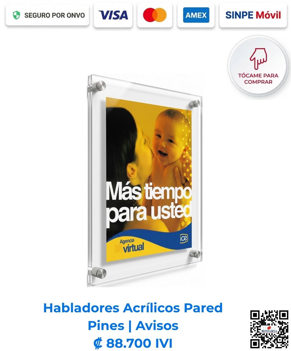 Habladores acrílicos pared pines avisos. Hablador de acrílico transparente para pared en formato 55x75 cm con 4 pernos de aluminio, ideal para avisos o comunicados en formato 40x60 cm. Compra en línea, pago seguro Romarsa.