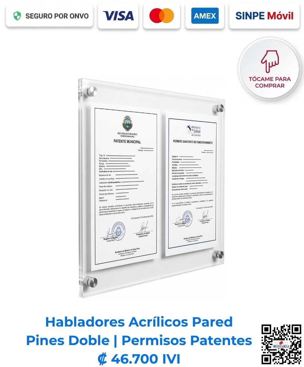 Habladores acrílicos pared pines doble permisos patentes. Exhibidor doble de acrílico transparente para pared en formato 34x66 cm con 4 pernos de aluminio, ideal para exhibir 2 documentos o patentes tamaño carta. Compra en línea, pago seguro Romarsa.