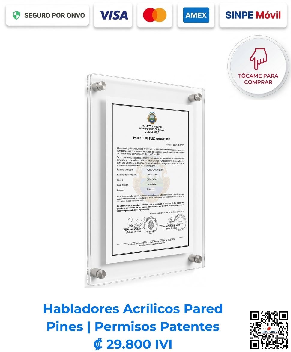 Habladores acrílicos pared pines permisos patentes. Exhibidor de acrílico transparente para pared con pernos de aluminio, diseñado para exhibir y proteger 1 patente o permiso sanitario tamaño carta en recepciones u oficinas. Compra en línea, pago seguro Romarsa.