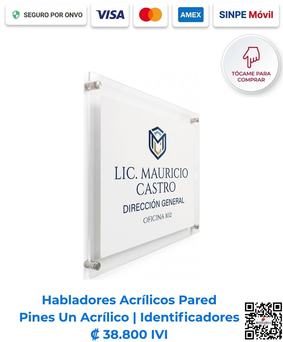 Habladores acrílicos pared pines un acrílico identificadores. Hablador de un solo acrílico transparente de 3 mm formato 38x34 cm con impresión en espejo al reverso para pared con 4 pernos de aluminio, ideal para señalética ejecutiva y oficinas. Compra En Línea | Romarsa.