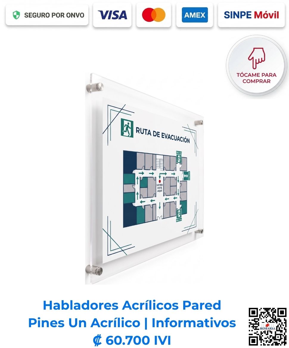Habladores acrílicos pared pines un acrílico informativos. Hablador de un solo acrílico transparente de 3 mm formato 66x34 cm con impresión en espejo al reverso para pared con 4 pernos de aluminio, ideal para mapas, rutas de evacuación y señalética informativa. Compra En Línea | Romarsa.