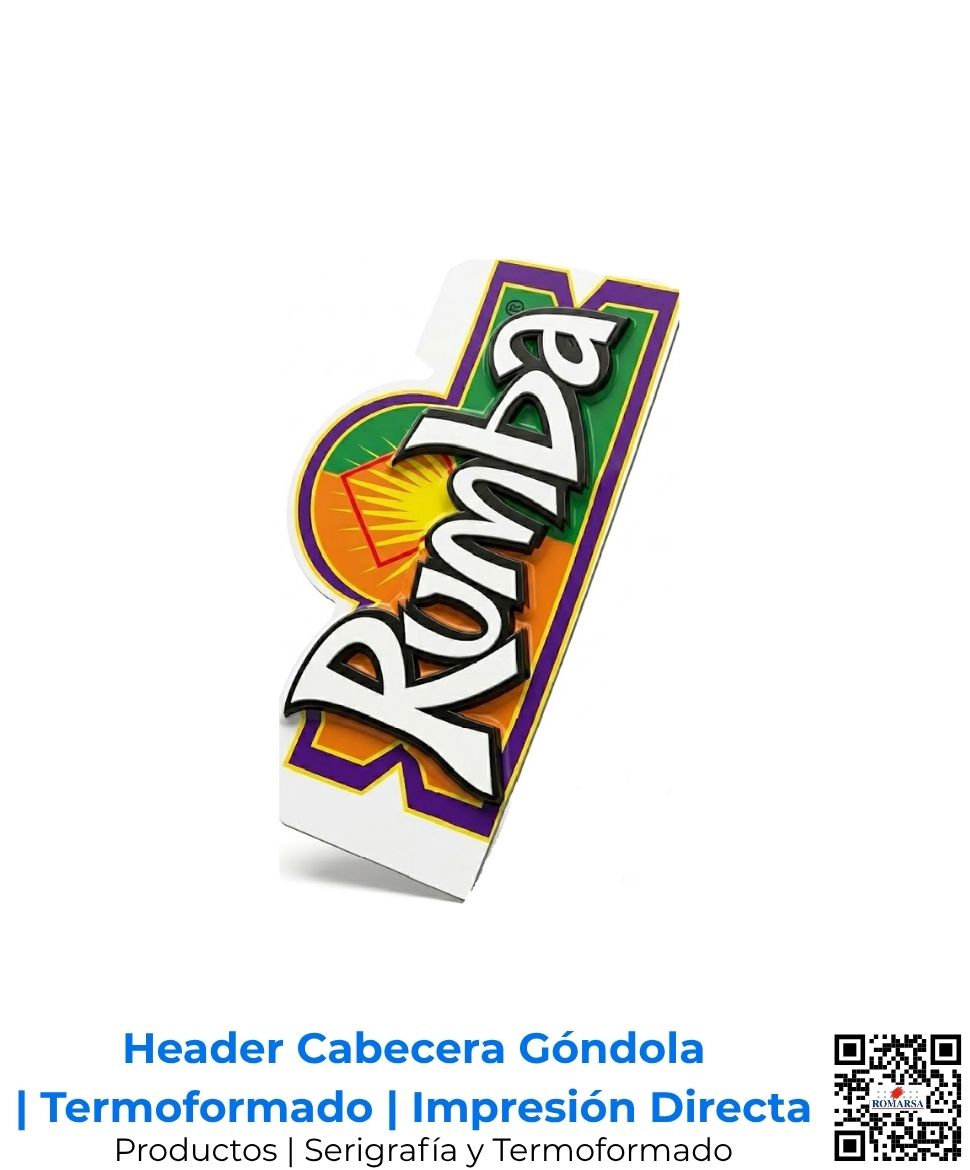 Header de exhibición publicitaria de marca Rumba fabricado en poliestireno calibre 50 con termoformado de precisión e impresión directa; elemento POP estructural de alta resistencia y gran colorido para San José, Costa Rica y Centroamérica.