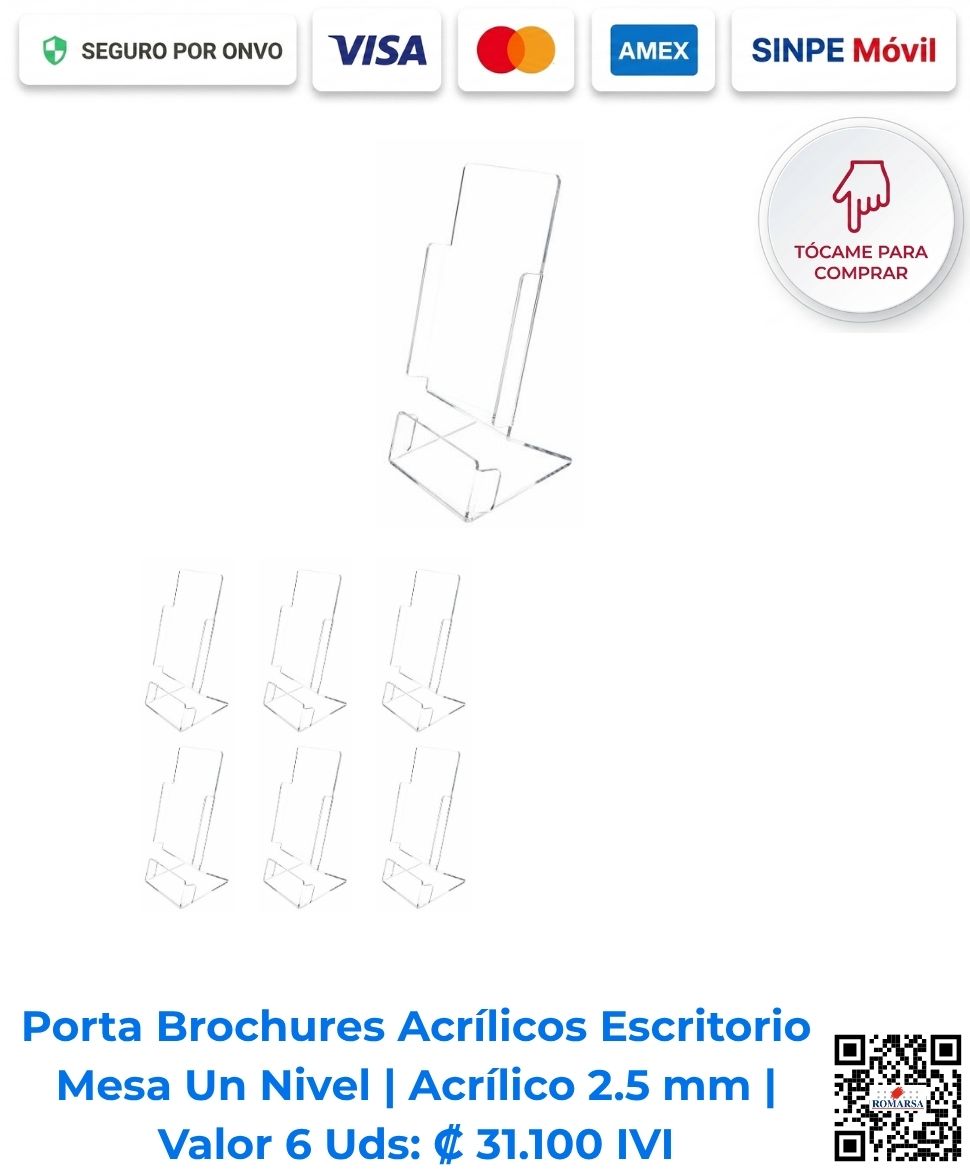 Porta brochures acrílicos escritorio mesa un nivel 2.5 mm paquete 6 unidades. Ideales para exhibición en escritorio y eventos visuales. Disponibles para compra en línea en Romarsa San José Costa Rica