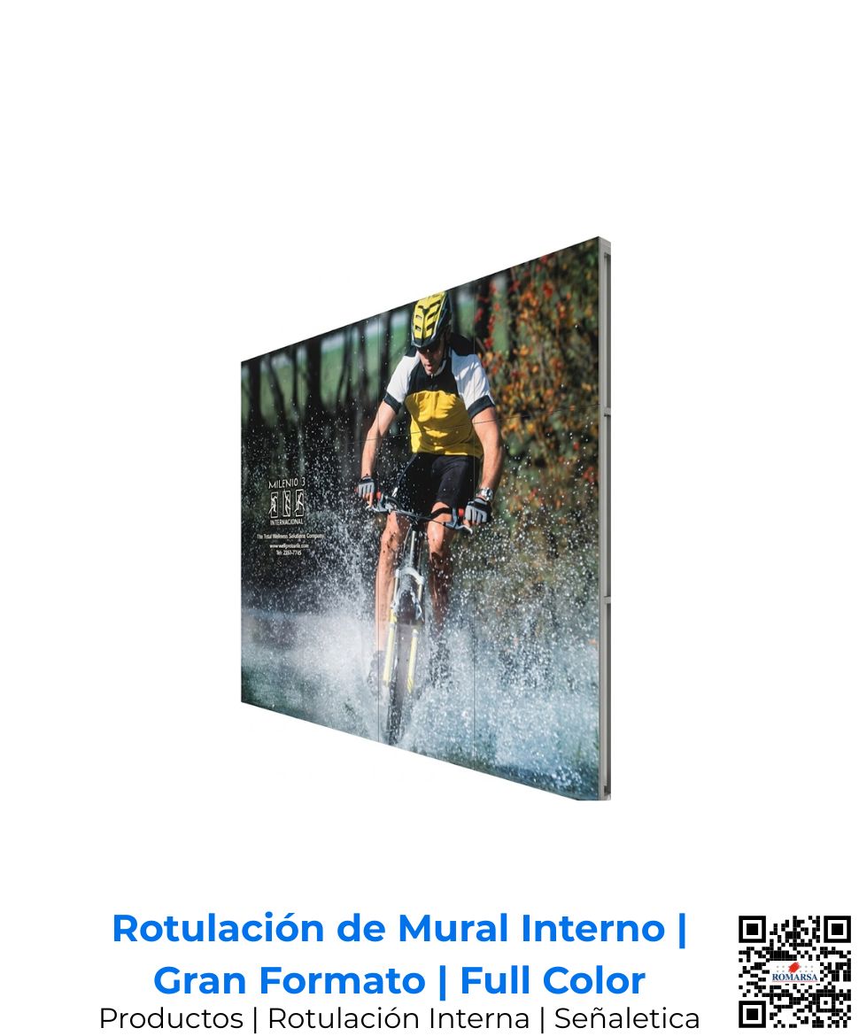 Decoración y rotulación de mural interno en gran formato con impresión full color de alta resolución para Milenio 3 Internacional; transformación estética de espacios corporativos ejecutada por Romarsa en San José, Costa Rica y Centroamérica.
