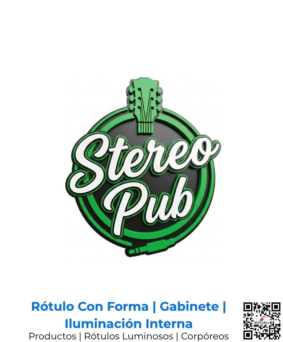 Rótulo luminoso tipo gabinete con forma troquelada personalizada e iluminación interna LED uniforme, creando una atmósfera vibrante y muy atractiva para Stereo Pub en San José, Costa Rica y Centroamérica.