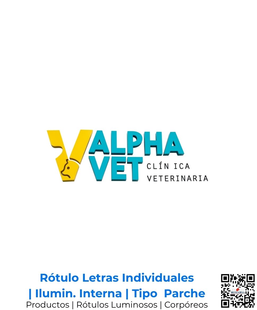 Rótulo corporativo con letras individuales de iluminación interna sobre un impecable panel tipo parche, transmitiendo confianza y profesionalismo para la clínica veterinaria Alpha Vet en San José, Costa Rica y Centroamérica.