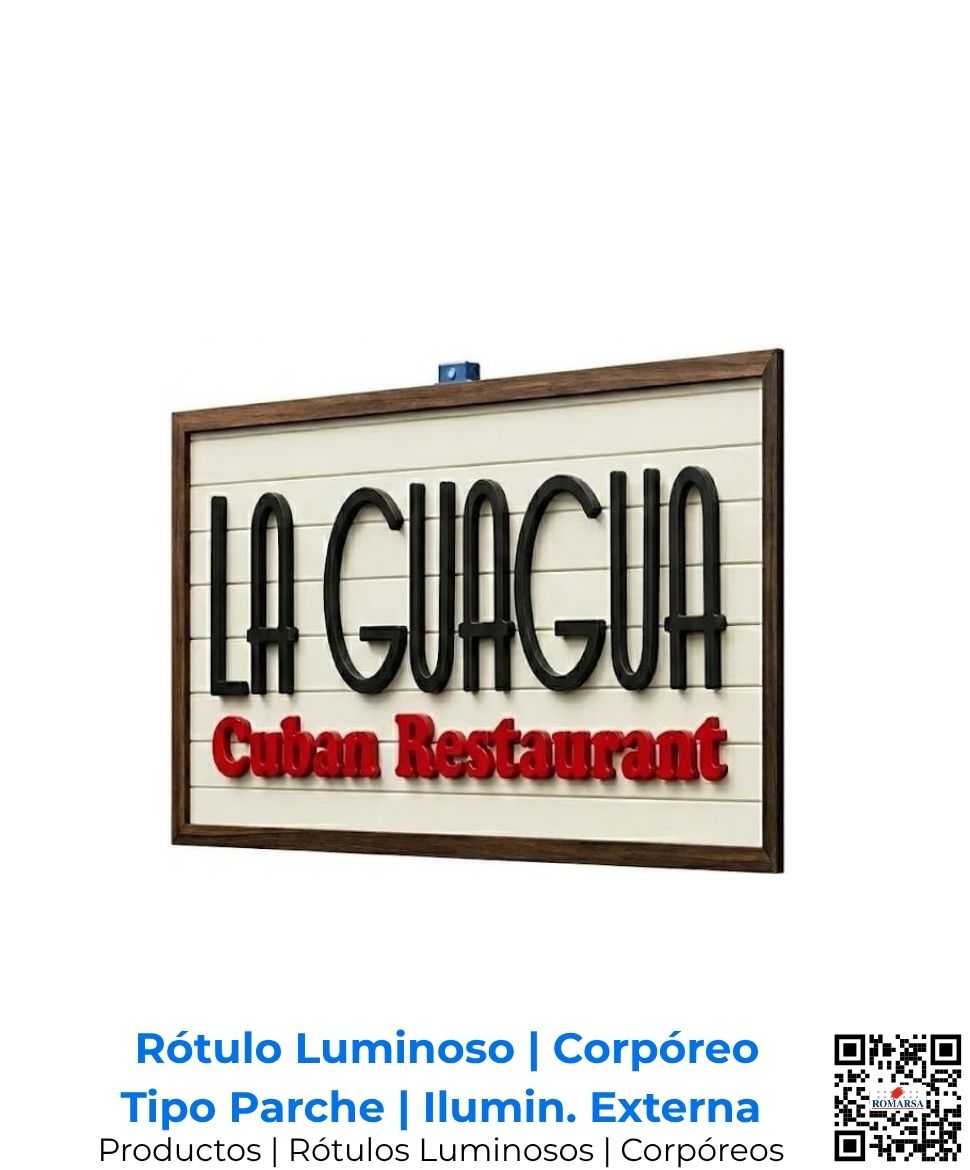 Rótulo con letras corpóreas sobre respaldo tipo parche para restaurantes. Diseño elegante con iluminación externa de Romarsa, ideal para fachadas que buscan un estilo clásico y profesional en Costa Rica.