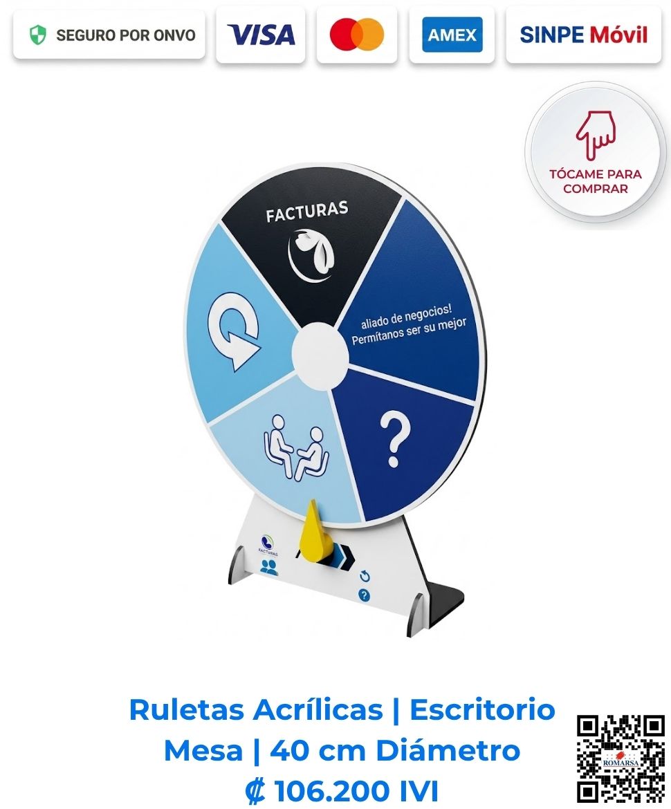 Ruletas Acrílicas Escritorio Mesa. Ideales para sorteos y ventas de impulso. Fabricadas en acrílico pulido de 3 mm y 40 cm de diámetro, personalizadas y con envío incluido. Compra en Linea Romarsa San José, Costa Rica.
