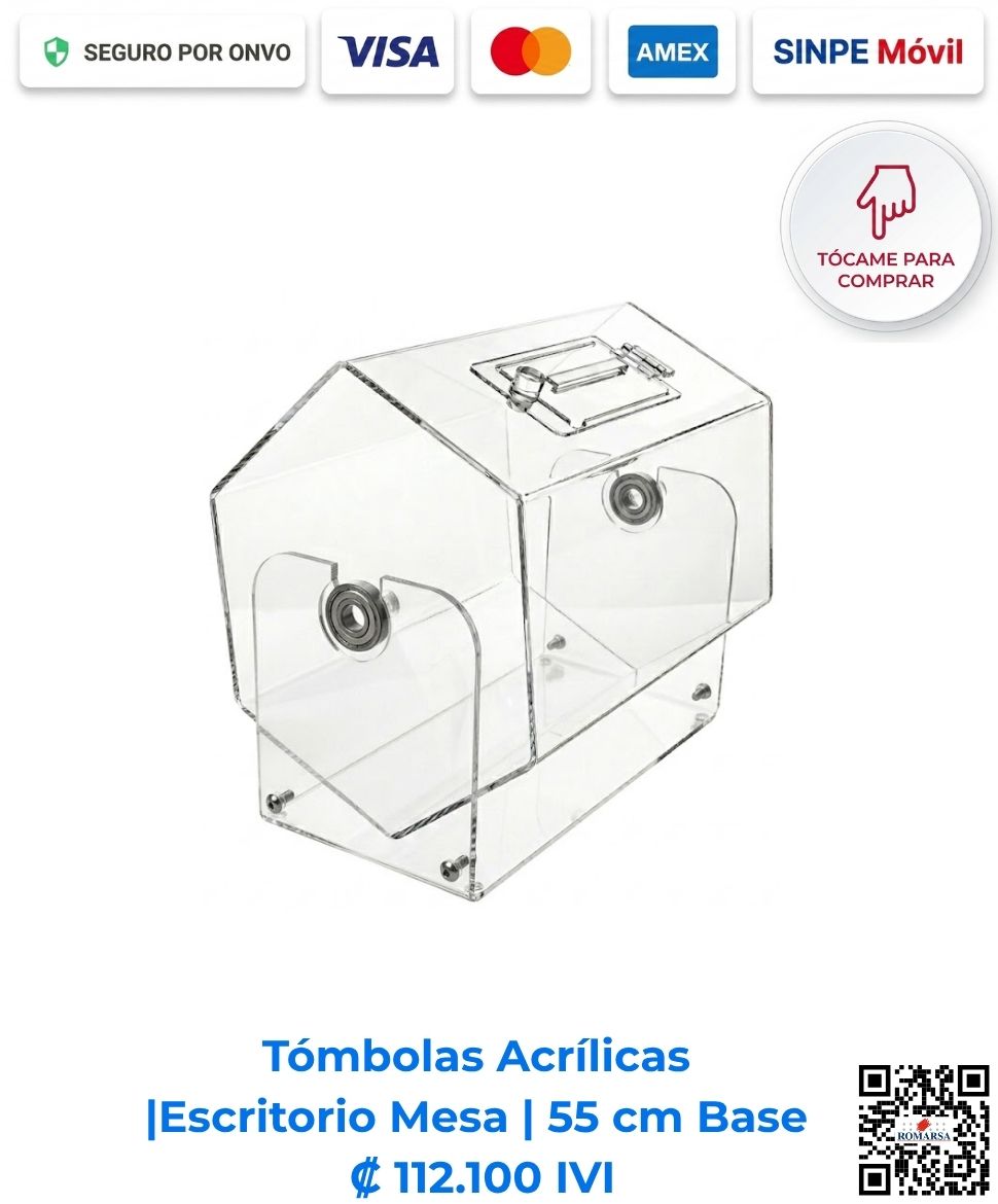 Tómbolas Acrílicas Escritorio Mesa. Ideales para rifas y ventas de impulso. Fabricadas en acrílico pulido de 4 mm y 55 cm de base, personalizadas y con envío incluido. Compra en Romarsa San José, Costa Rica.