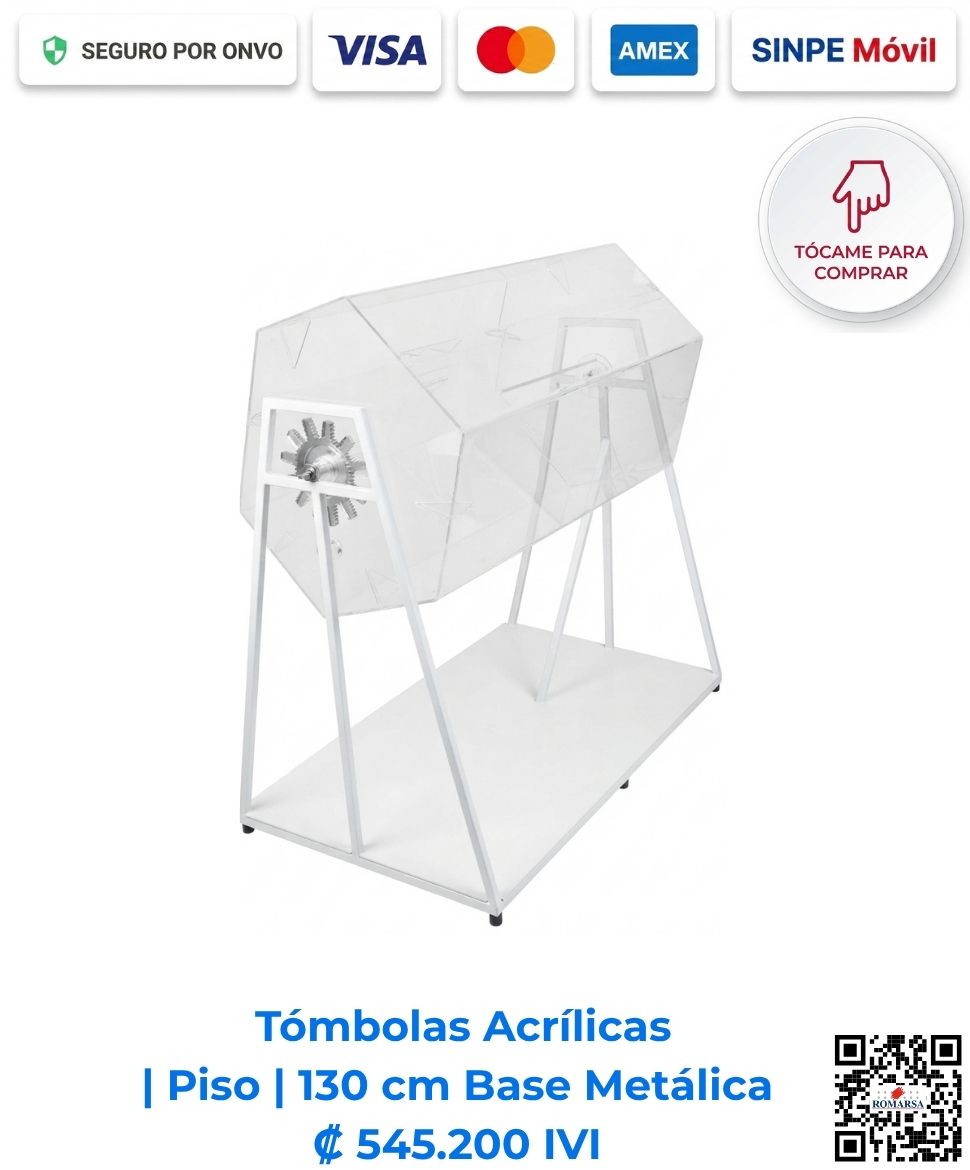 Tómbolas Acrílicas Piso Base Metálica 130x70. Ideales para rifas y ventas de impulso. Fabricadas en acrílico pulido de 5 mm y metal. Personalización y envío incluido. Compra en Romarsa San José, Costa Rica.