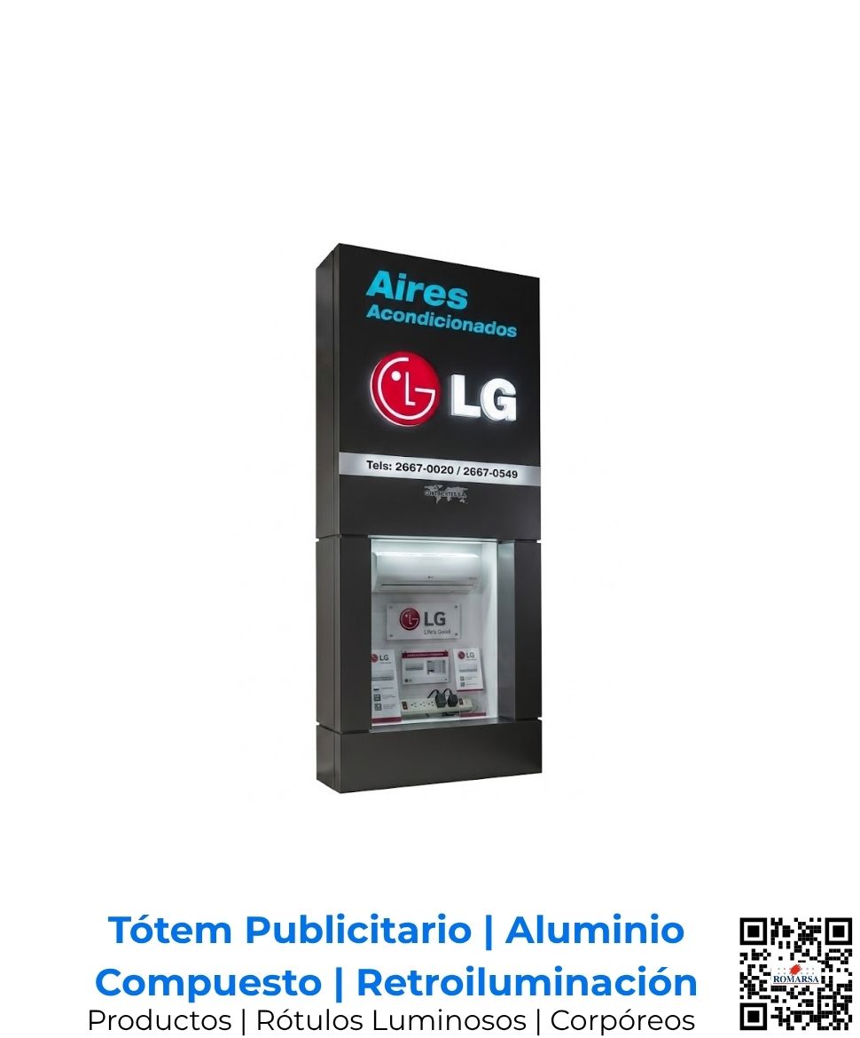 Fabricación de tótem publicitario en aluminio compuesto con letras corpóreas de acrílico y retroiluminación LED interna; señalización monumental de alta gama por Romarsa para Costa Rica y Centroamérica